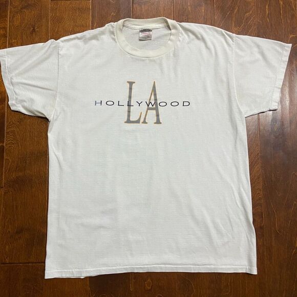 Oneita Vintage 90s Single Stitch Hollywood LA White Travel T-Shirt Mens XL - Picture 3 of 8